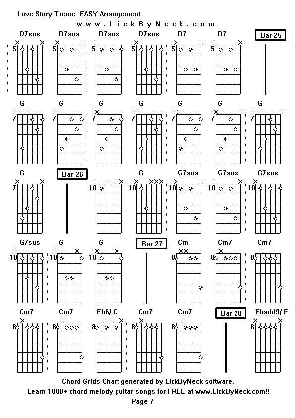 Chord Grids Chart of chord melody fingerstyle guitar song-Love Story Theme- EASY Arrangement,generated by LickByNeck software.